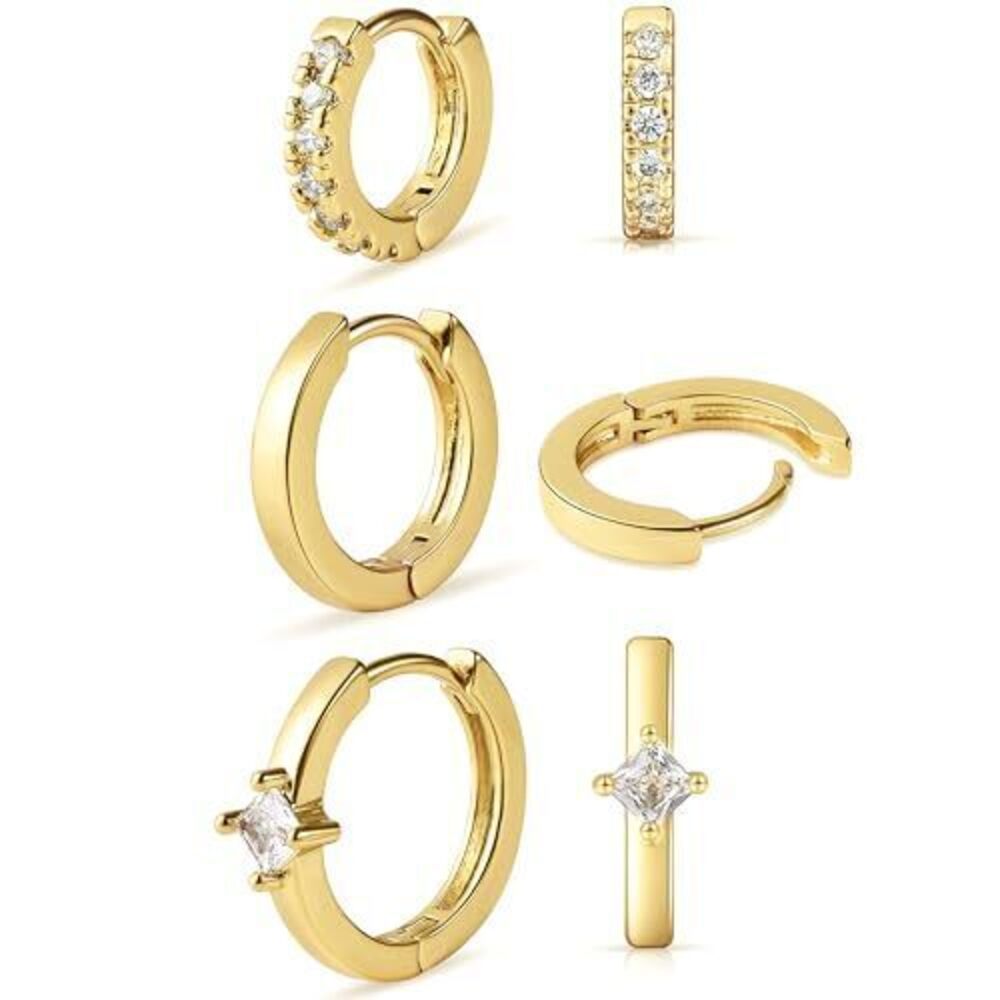 3371 Small Hoop Earrings , 3 Pairs Tiny Huggie Hoop Earrings Set , 18K Gold